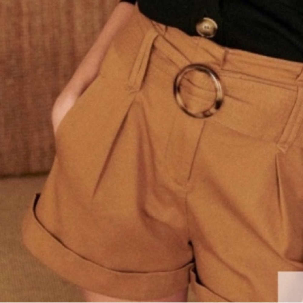 Sezane Rome Shorts Camel High Waist Belted Cuffed Hem Organic Cotton French